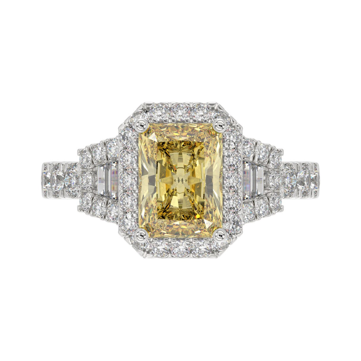 14K WHITE GOLD 2 3/4CT ROUND/BAGUETTE/YELLOW RADIANT DIAMOND LADIES RING (CENTER STONE YELLOW RADIANT DIAMOND 2CT)