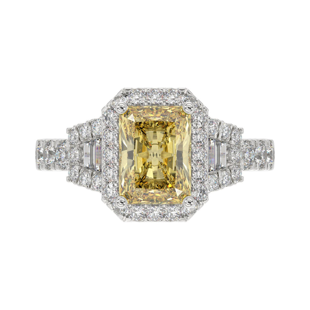 14K WHITE GOLD 2 3/4CT ROUND/BAGUETTE/YELLOW RADIANT DIAMOND LADIES RING (CENTER STONE YELLOW RADIANT DIAMOND 2CT)