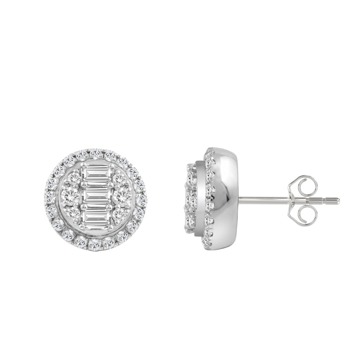 STERLING SILVER WHITE 1 1/4CT ROUND/EMERALD DIAMOND LADIES EARRINGS