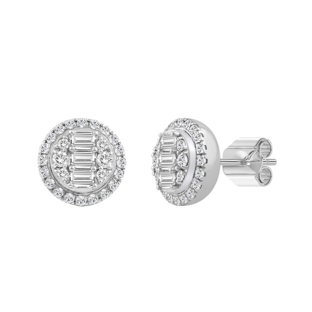 STERLING SILVER WHITE 1 1/4CT ROUND/EMERALD DIAMOND LADIES EARRINGS