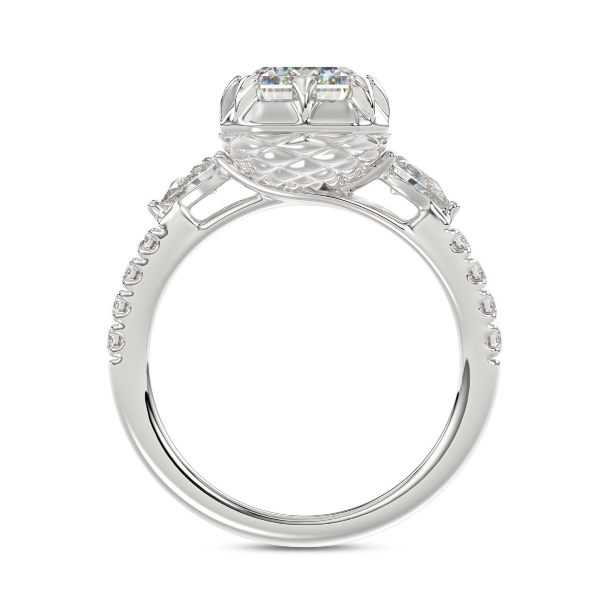 14K WHITE GOLD 3 1/2CT ROUND/PEAR/EMERALD DIAMOND LADIES RING (CENTER STONE EMERALD DIAMOND 3CT)