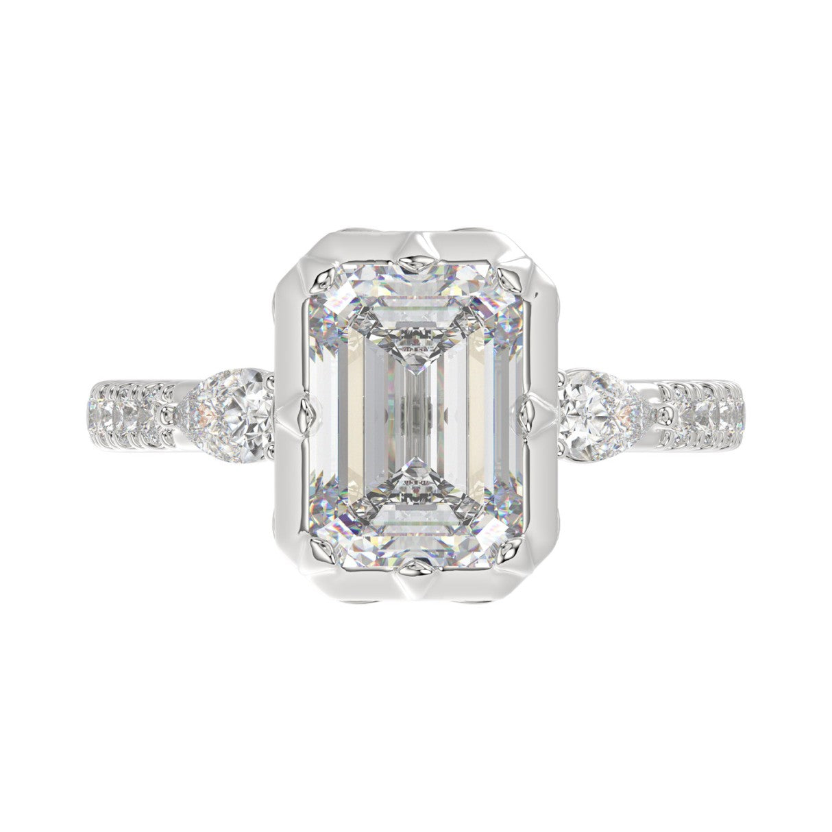 14K WHITE GOLD 3 1/2CT ROUND/PEAR/EMERALD DIAMOND LADIES RING (CENTER STONE EMERALD DIAMOND 3CT)