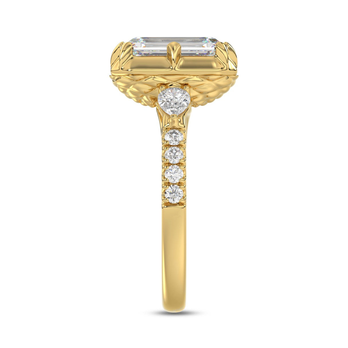 14K YELLOW GOLD 3 1/2CT ROUND/PEAR/EMERALD DIAMOND LADIES RING (CENTER STONE EMERALD DIAMOND 3CT)