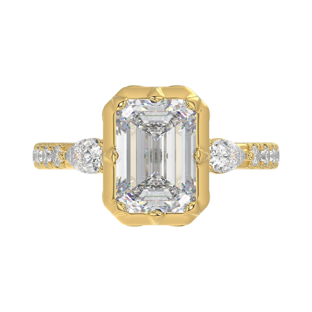 14K YELLOW GOLD 3 1/2CT ROUND/PEAR/EMERALD DIAMOND LADIES RING (CENTER STONE EMERALD DIAMOND 3CT)