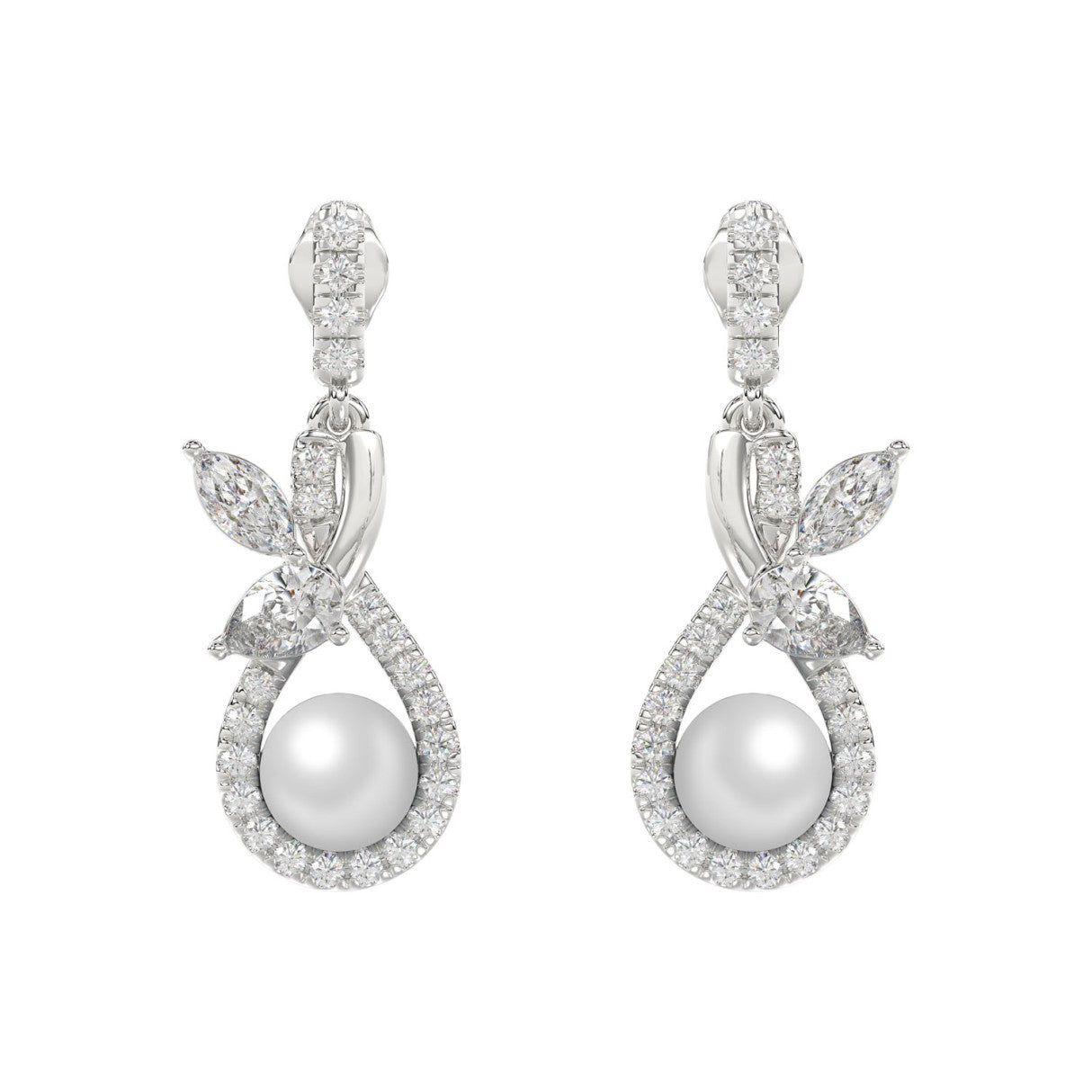 14K WHITE GOLD 3/4CT ROUND/MARQUISE/PEARL DIAMOND LADIES EARRINGS