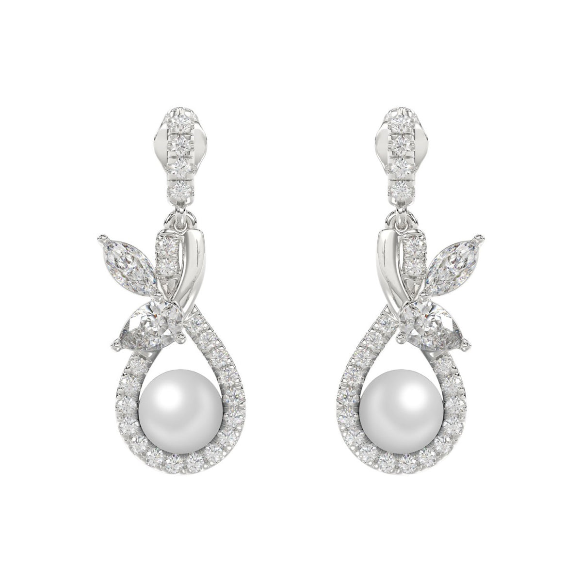 14K WHITE GOLD 3/4CT ROUND/MARQUISE/PEARL DIAMOND LADIES EARRINGS
