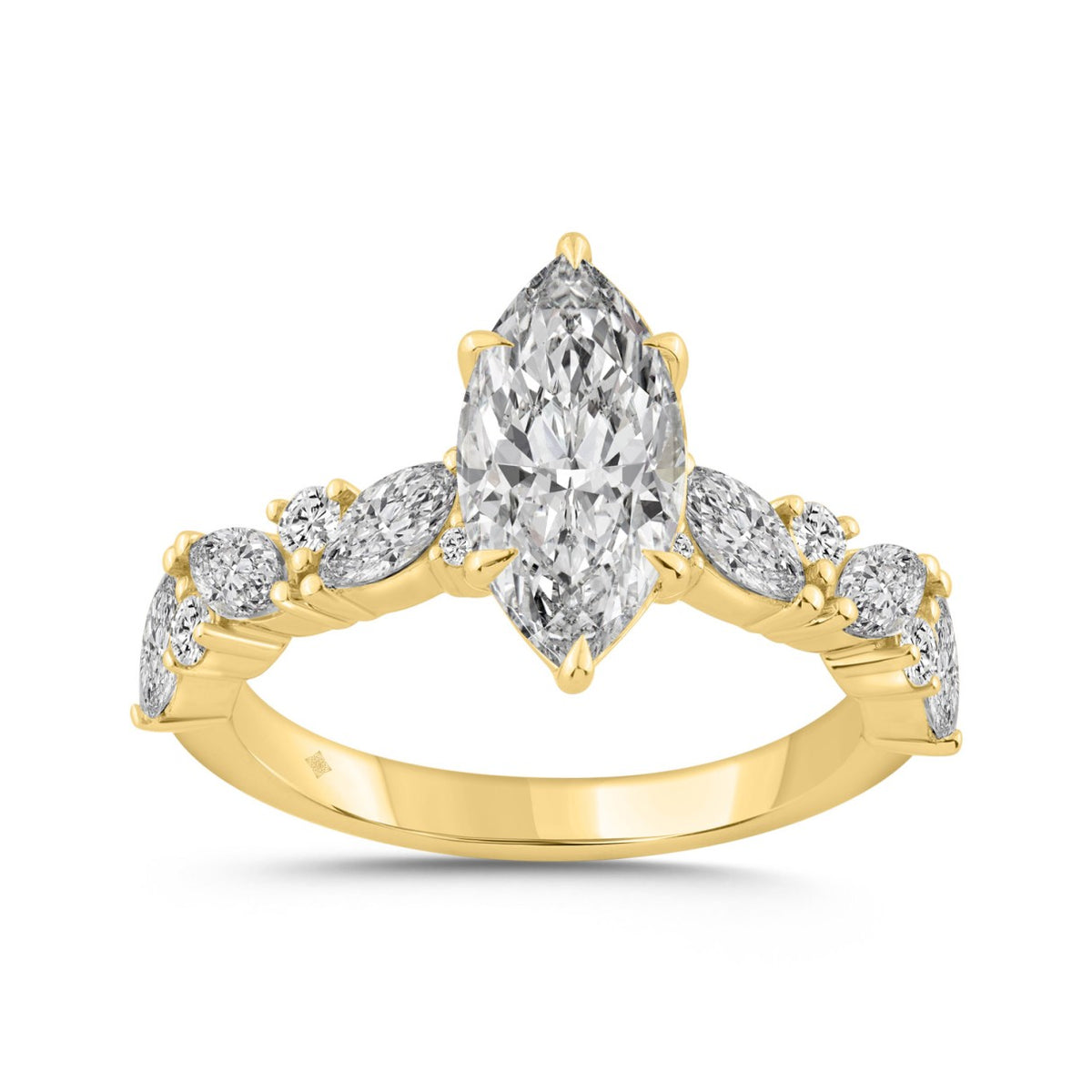 14K YELLOW GOLD 2 3/4CT ROUND/MARQUISE DIAMOND LADIES RING (CENTER STONE MARQUISE DIAMOND 2CT)