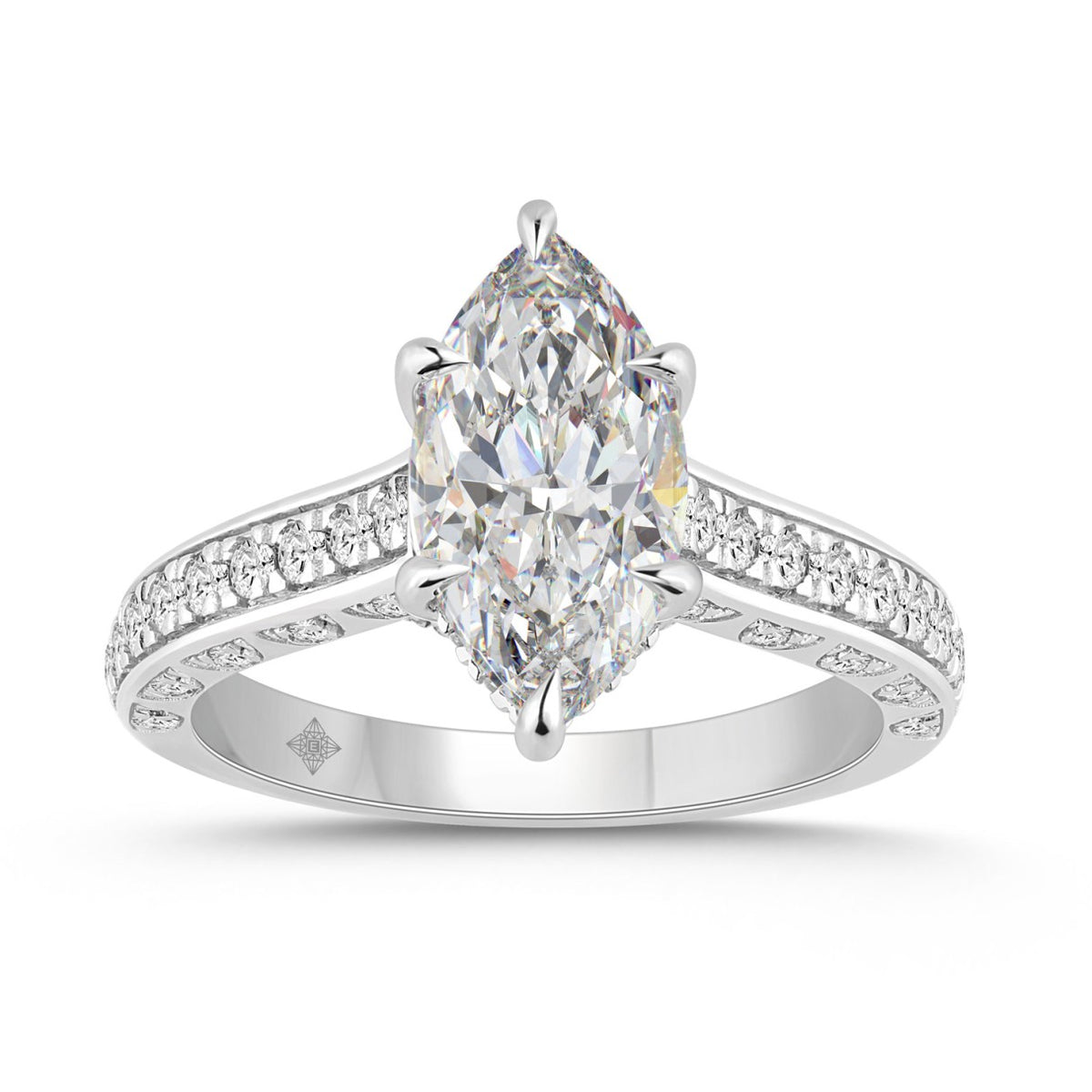 14K WHITE GOLD 2 1/2CT ROUND/MARQUISE DIAMOND LADIES RING (CENTER STONE MARQUISE DIAMOND 2CT)