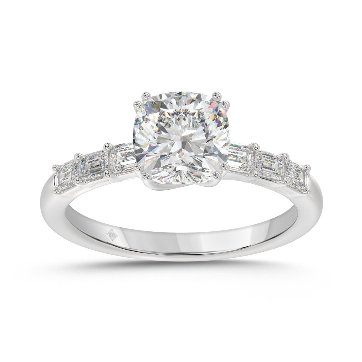 14K WHITE GOLD 3 1/2CT EMERALD/CUSHION DIAMOND LADIES RING (CENTER STONE CUSHION DIAMOND 3CT)