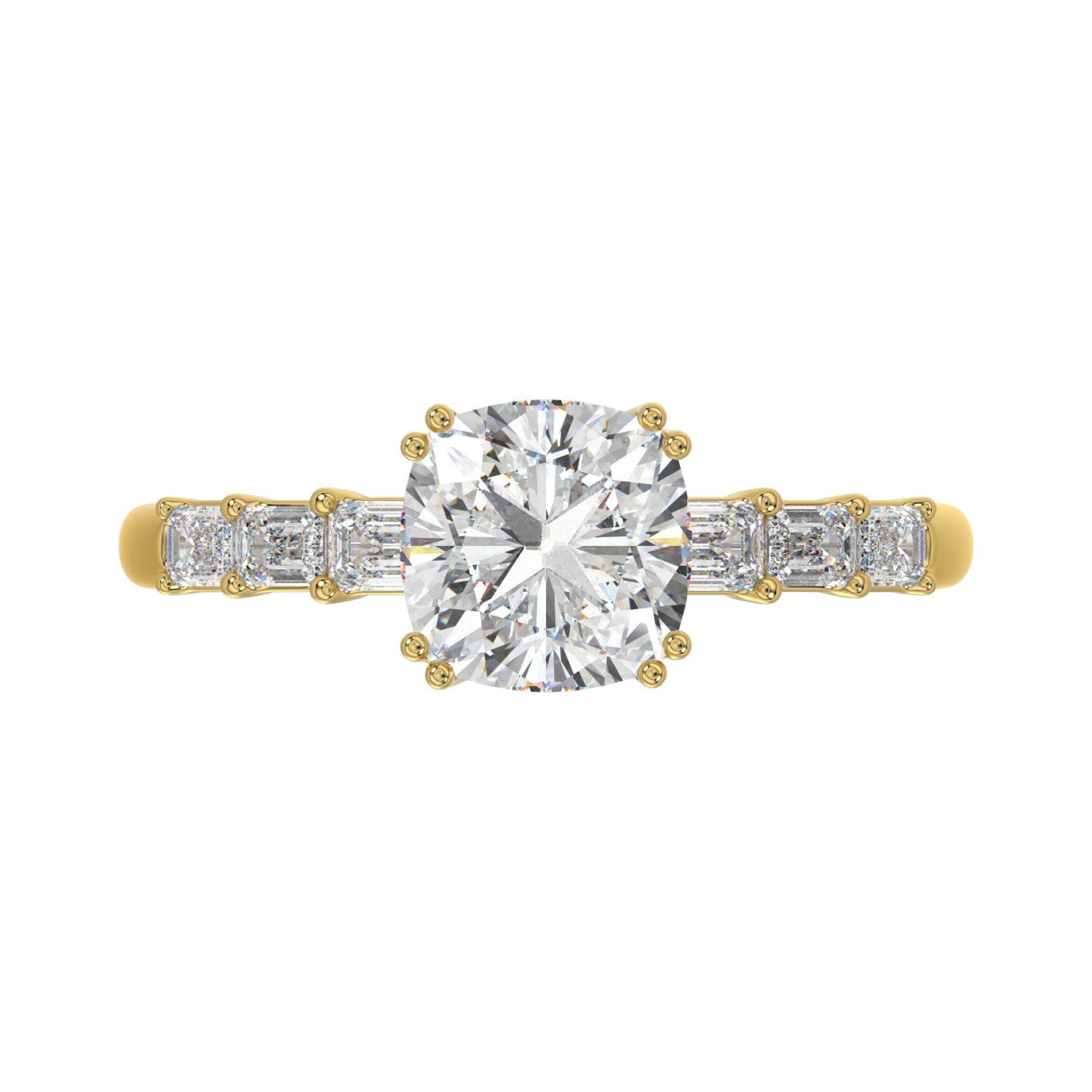 14K YELLOW GOLD 3 1/2CT EMERALD/CUSHION DIAMOND LADIES RING (CENTER STONE CUSHION DIAMOND 3CT)