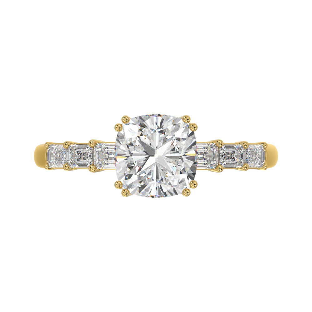 14K YELLOW GOLD 3 1/2CT EMERALD/CUSHION DIAMOND LADIES RING (CENTER STONE CUSHION DIAMOND 3CT)