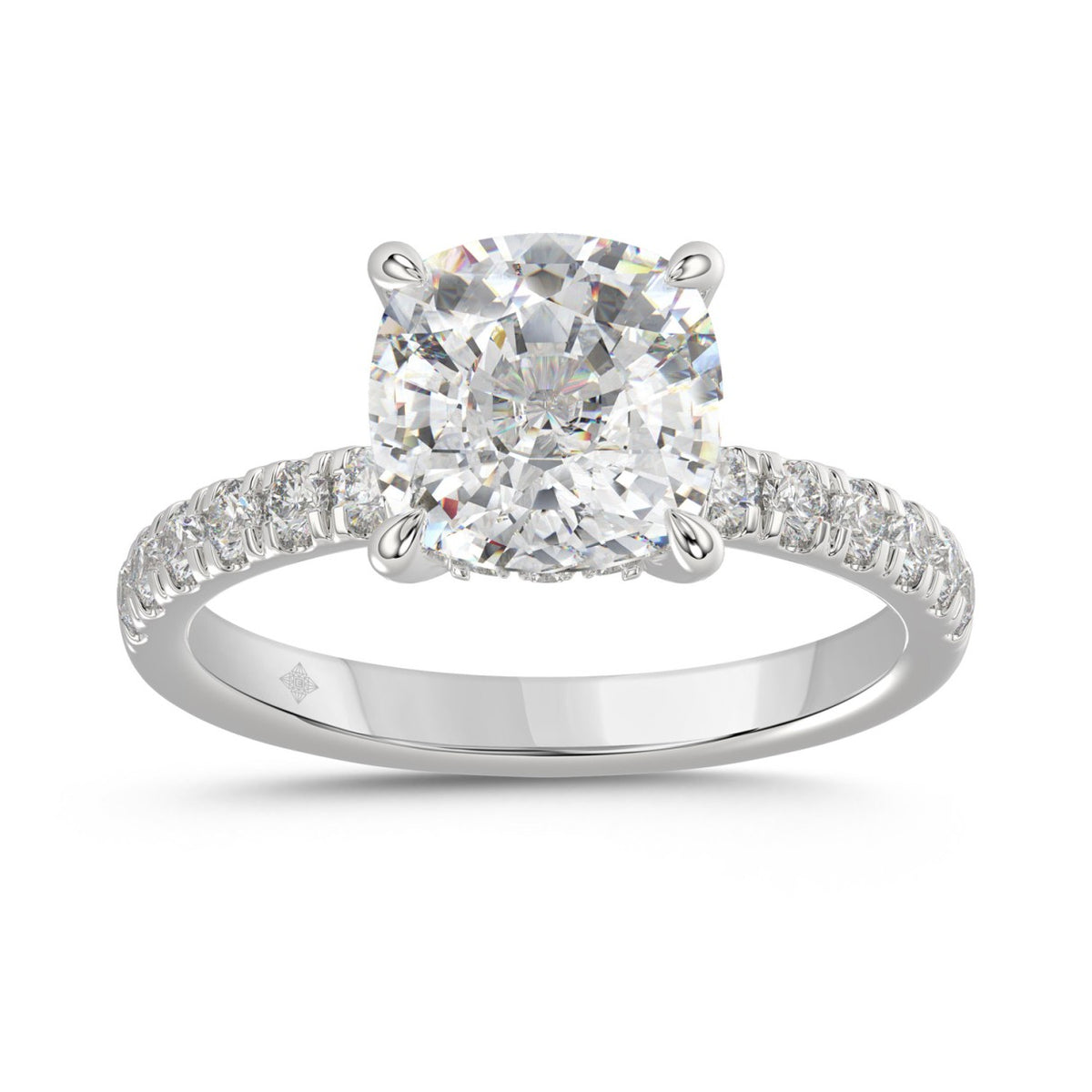 14K WHITE GOLD 3 1/2CT ROUND/CUSHION DIAMOND LADIES RING (CENTER STONE CUSHION DIAMOND 3CT)