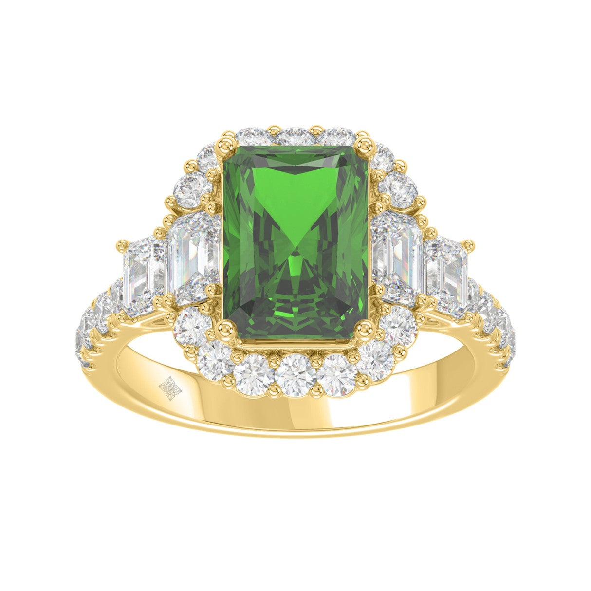 14K YELLOW GOLD 4 1/2CT ROUND/EMERALD DIAMOND LADIES RING (CENTER STONE GREEN EMERALD DIAMOND 3CT)