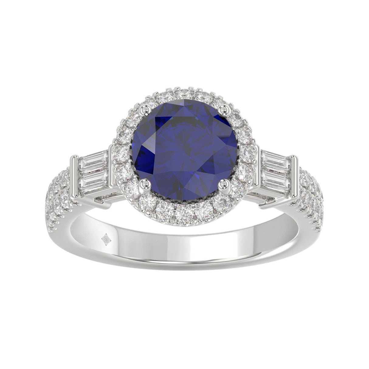 14K WHITE GOLD 2 1/2CT ROUND/BAGUETTE DIAMOND LADIES RING (CENTER STONE BLUE SAPPHIRE ROUND DIAMOND 2CT)