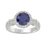 14K WHITE GOLD 2 1/2CT ROUND/BAGUETTE DIAMOND LADIES RING (CENTER STONE BLUE SAPPHIRE ROUND DIAMOND 2CT)