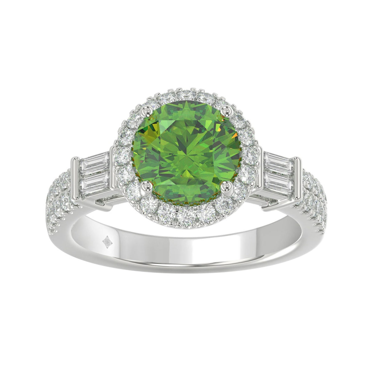 14K WHITE GOLD 2 1/2CT ROUND/BAGUETTE DIAMOND LADIES RING (CENTER STONE GREEN EMERALD ROUND DIAMOND 2CT)