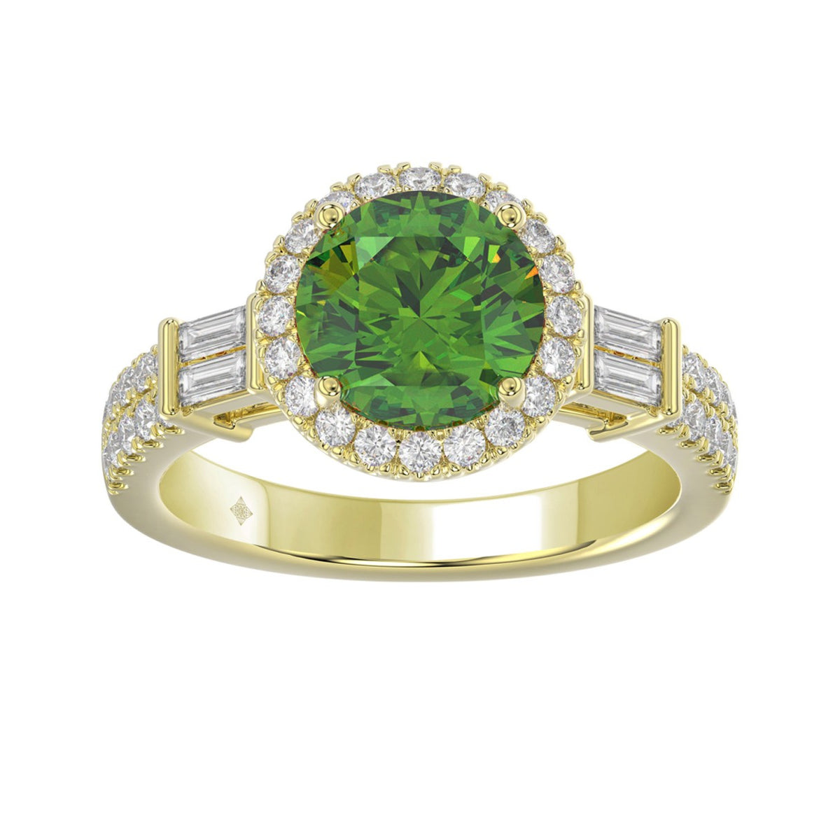 14K YELLOW GOLD 2 1/2CT ROUND/BAGUETTE DIAMOND LADIES RING (CENTER STONE GREEN EMERALD ROUND DIAMOND 2CT)