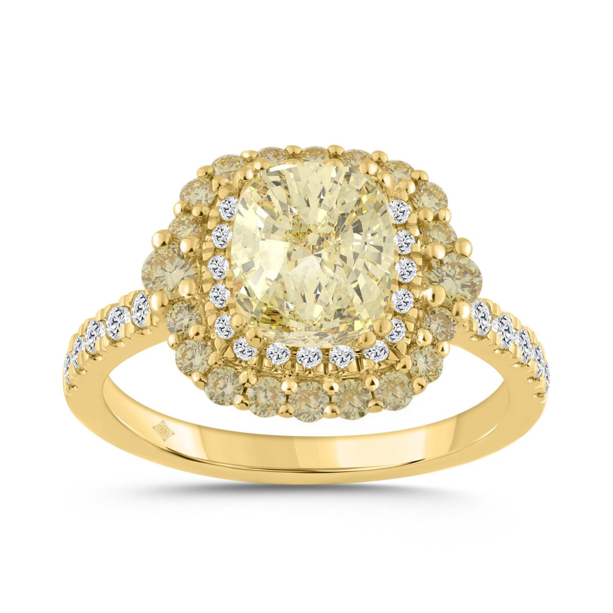 14K YELLOW GOLD 2 3/4CT ROUND/CUSHION DIAMOND LADIES RING (CENTER STONE YELLOW CUSHION DIAMOND 2CT)
