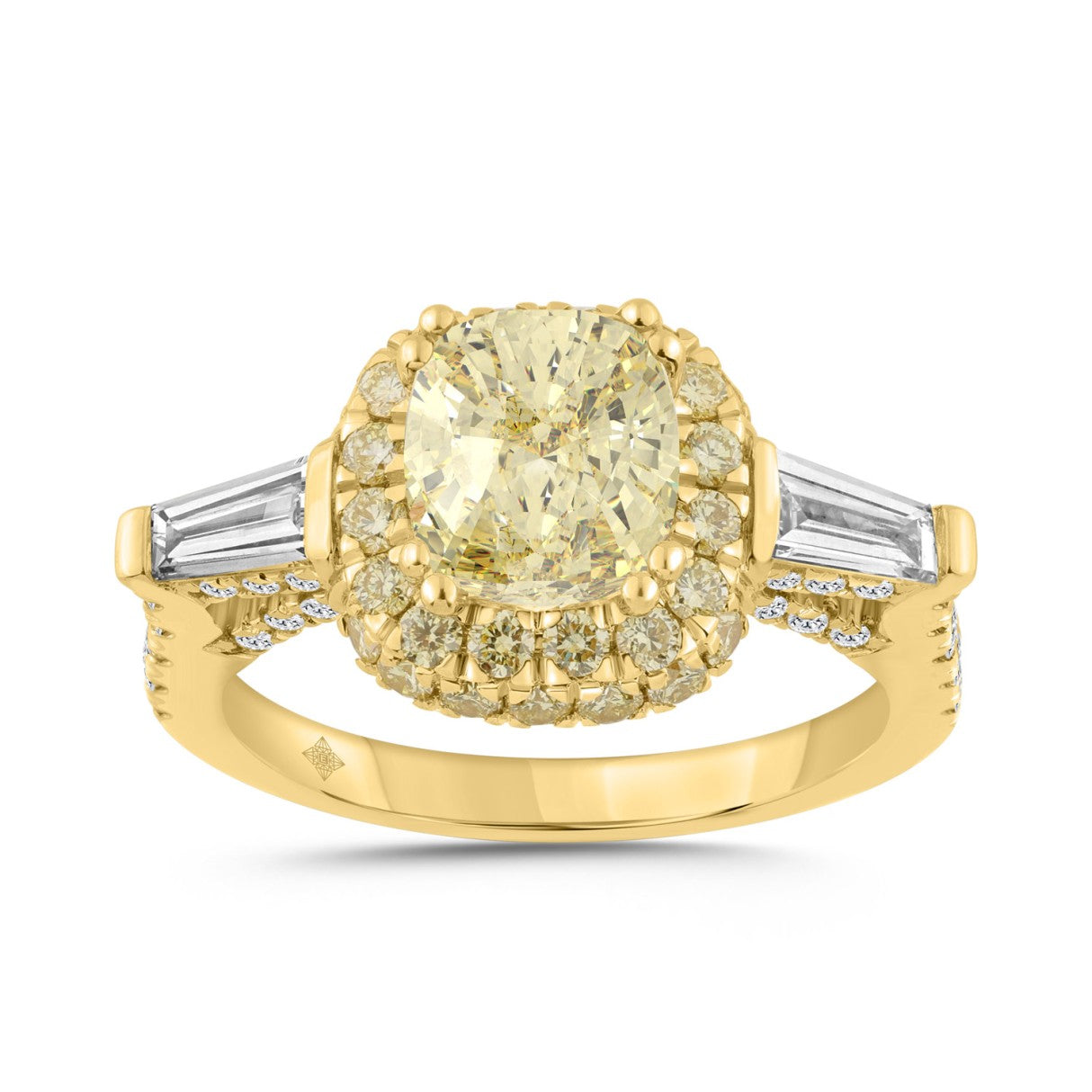 14K YELLOW GOLD 3 1/2CT ROUND/CUSHION/BAGUETTE DIAMOND LADIES RING (CENTER STONE YELLOW CUSHION DIAMOND 2CT)
