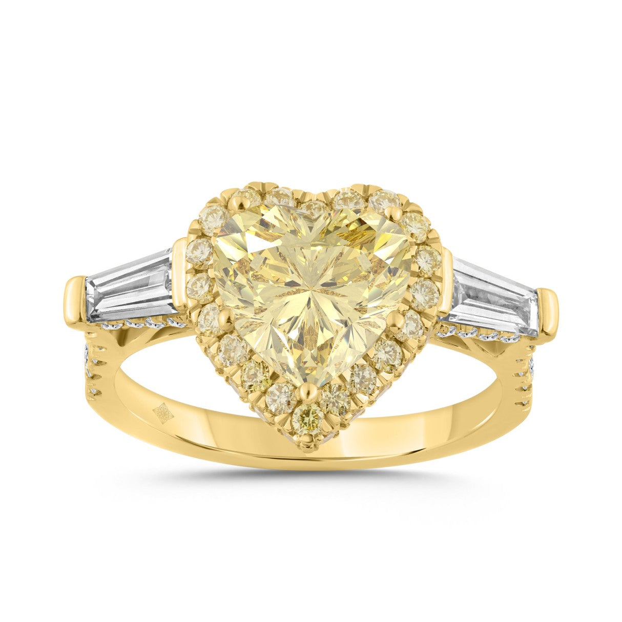 14K YELLOW GOLD 3 3/4CT ROUND/BAGUETTE/HEART DIAMOND LADIES RING (CENTER STONE YELLOW HEART DIAMOND 2 1/2CT)