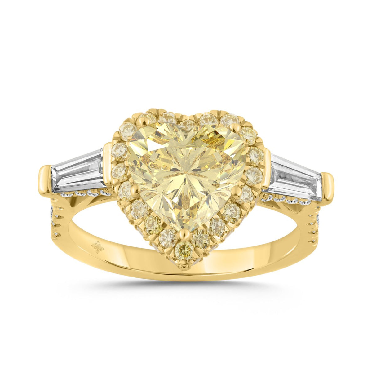 14K YELLOW GOLD 3 3/4CT ROUND/BAGUETTE/HEART DIAMOND LADIES RING (CENTER STONE YELLOW HEART DIAMOND 2 1/2CT)