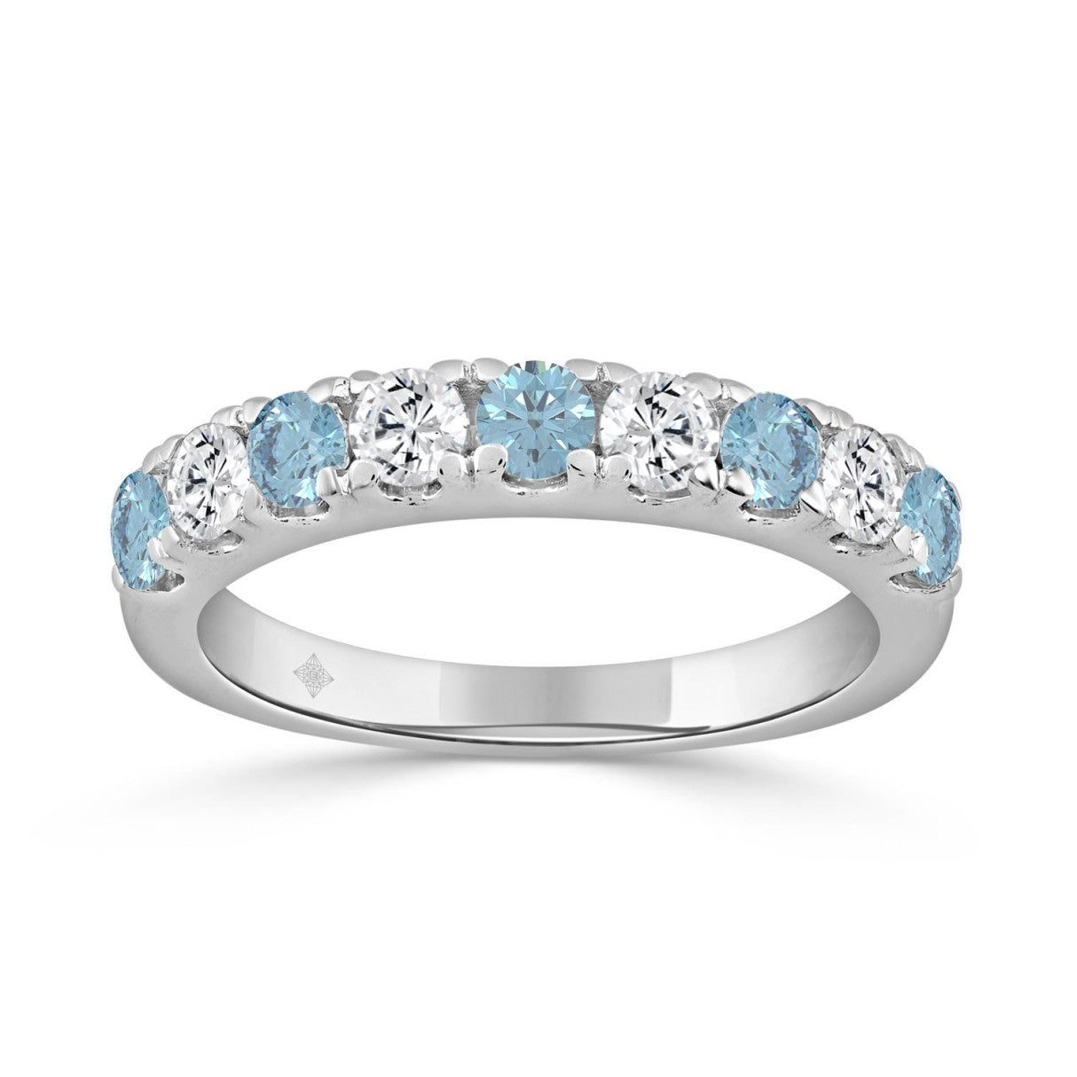 14K White Gold 1.00 CT Round Blue &amp; White Diamond Alternating Band Ring