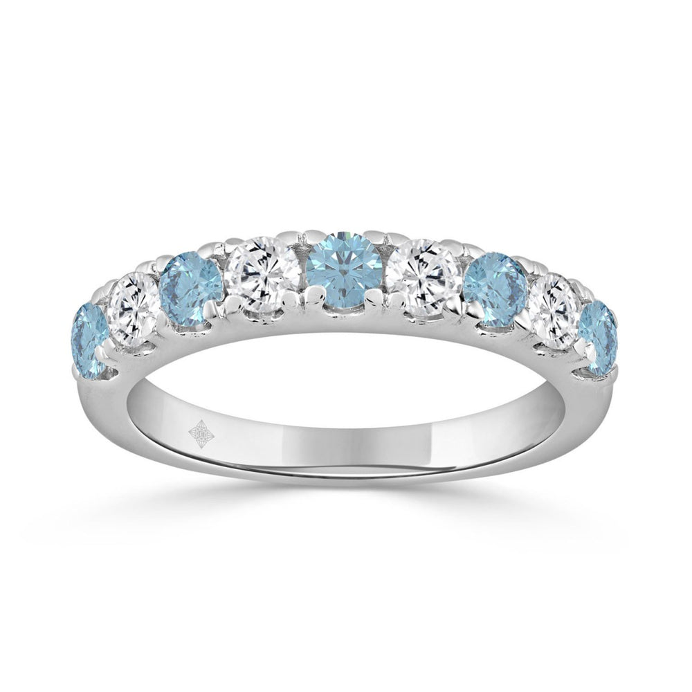 14K White Gold 1.00 CT Round Blue &amp; White Diamond Alternating Band Ring