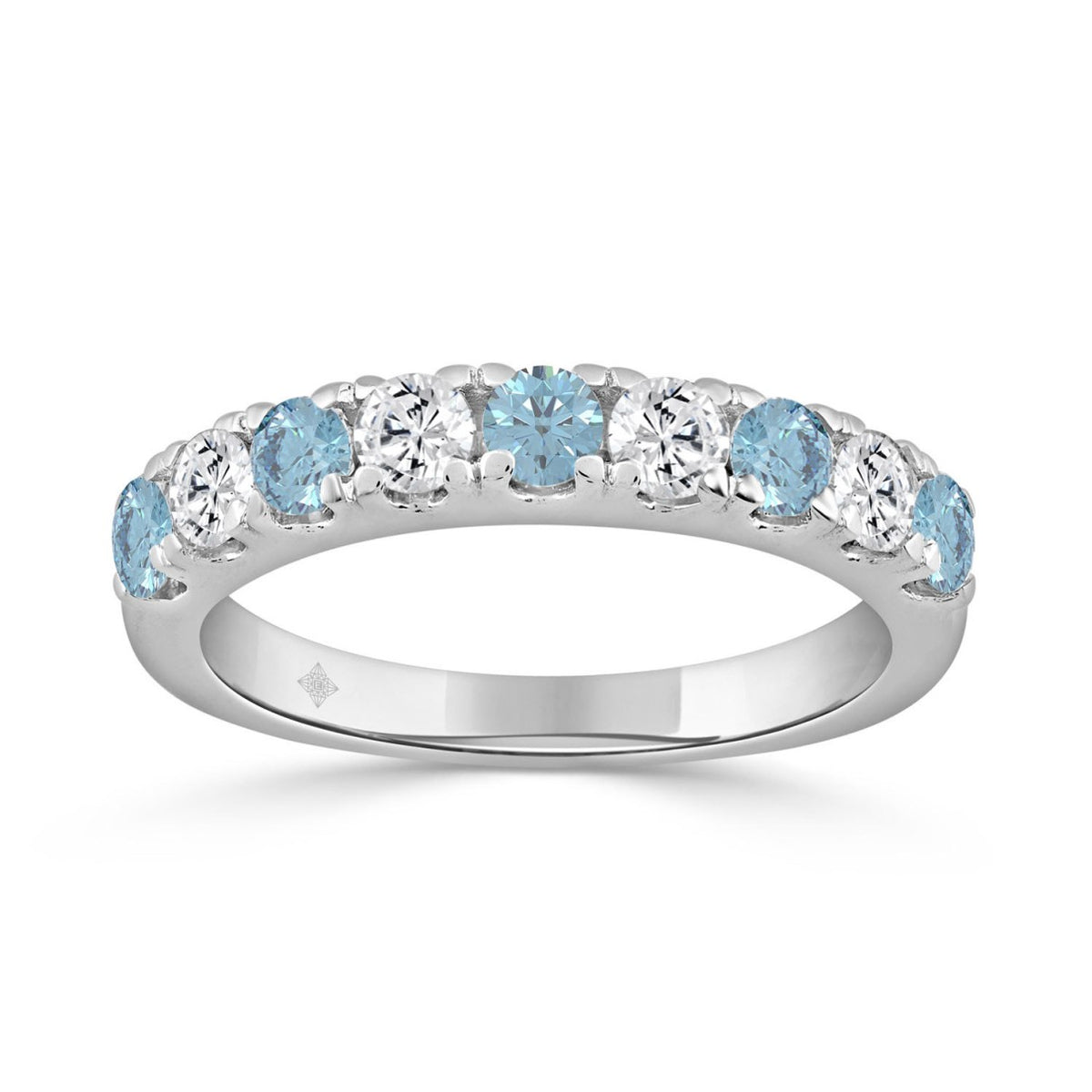 14K White Gold 1.00 CT Round Blue &amp; White Diamond Alternating Band Ring