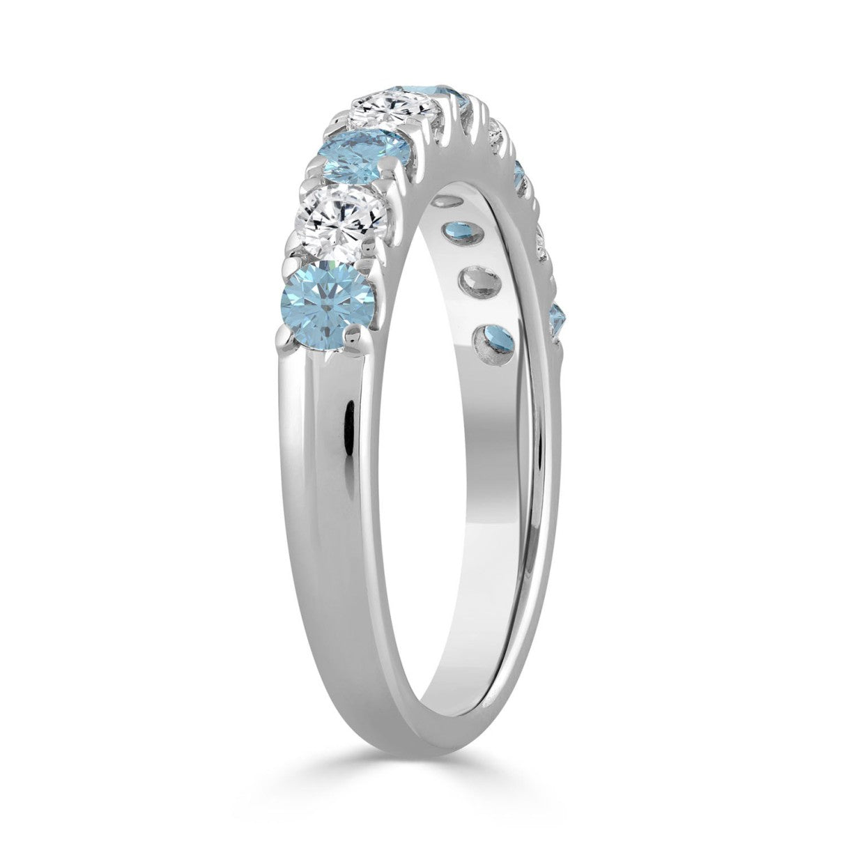 14K White Gold 1.00 CT Round Blue &amp; White Diamond Alternating Band Ring