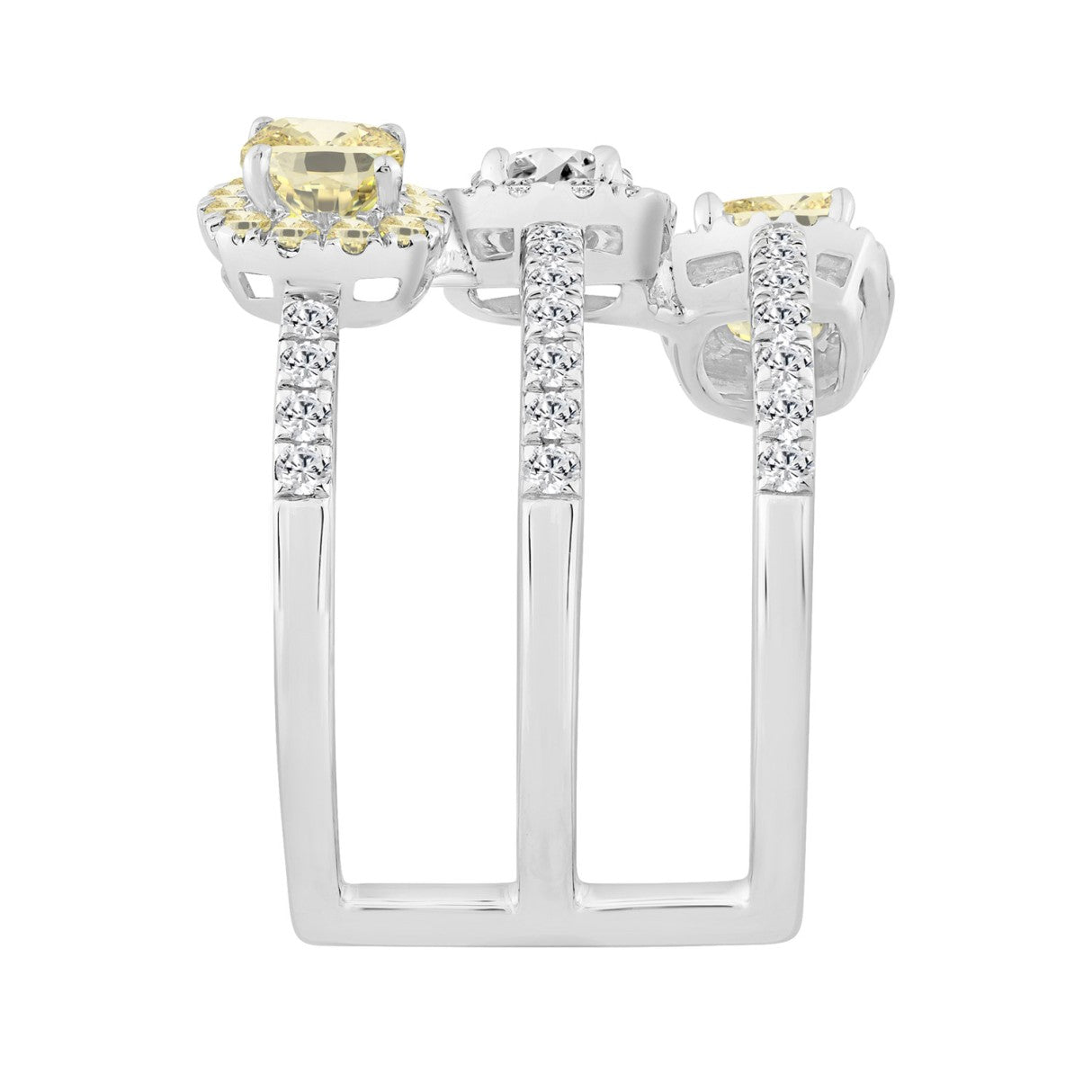 14K WHITE GOLD 2 1/2CT ROUND/YELLOW CUSHION DIAMOND LADIES RING 