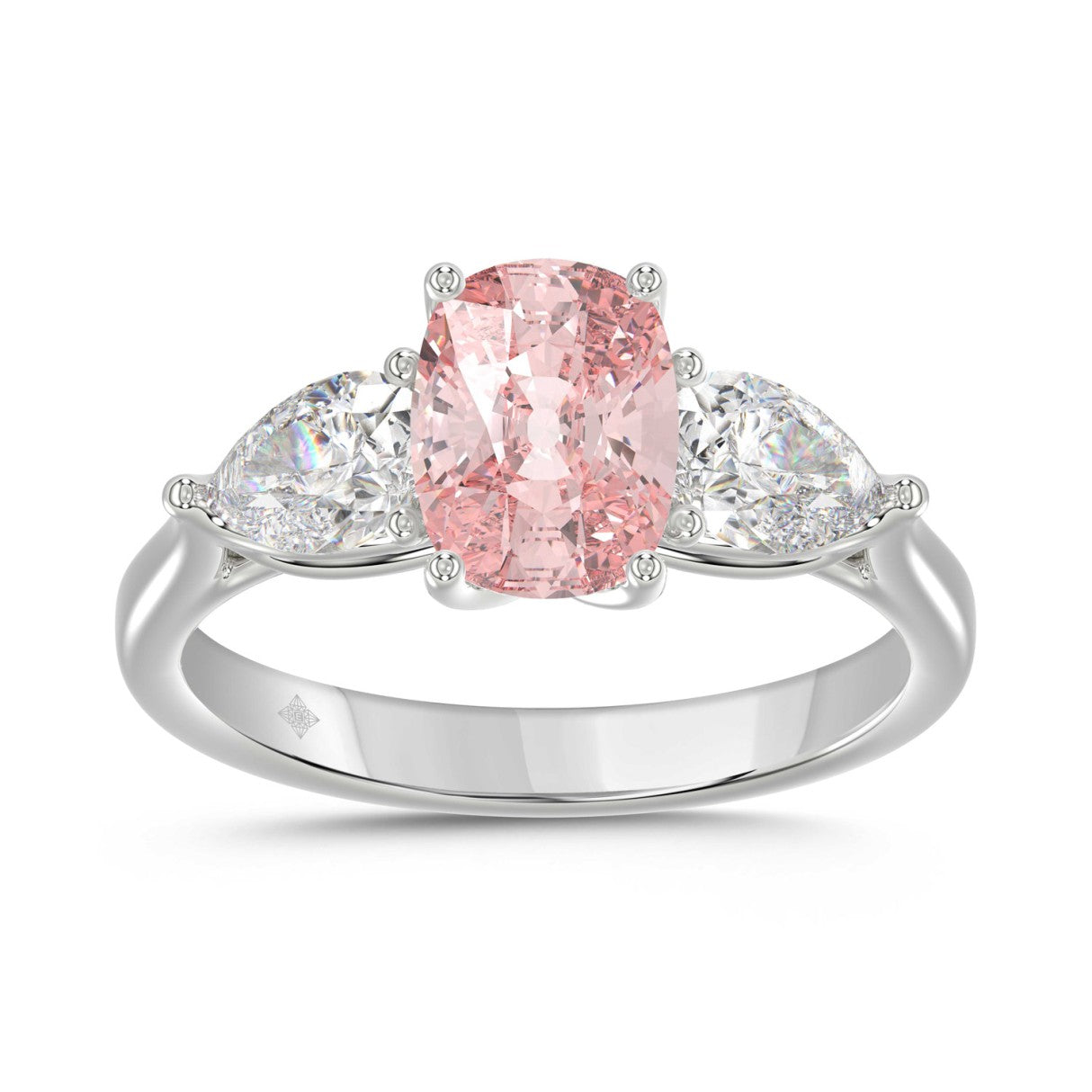 14K WHITE GOLD 3 1/6CT PINK CUSHION/PEAR DIAMOND LADIES RING (CENTER STONE PINK CUSHION DIAMOND 2CT)