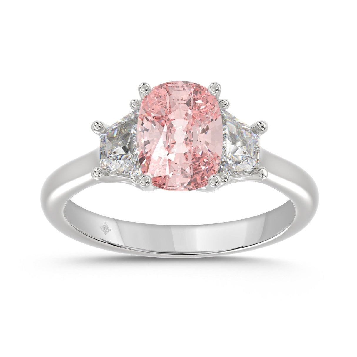 14K WHITE GOLD 2 3/4CT PINK CUSHION/TRAPEZOID DIAMOND LADIES RING (CENTER STONE PINK CUSHION DIAMOND 2CT)
