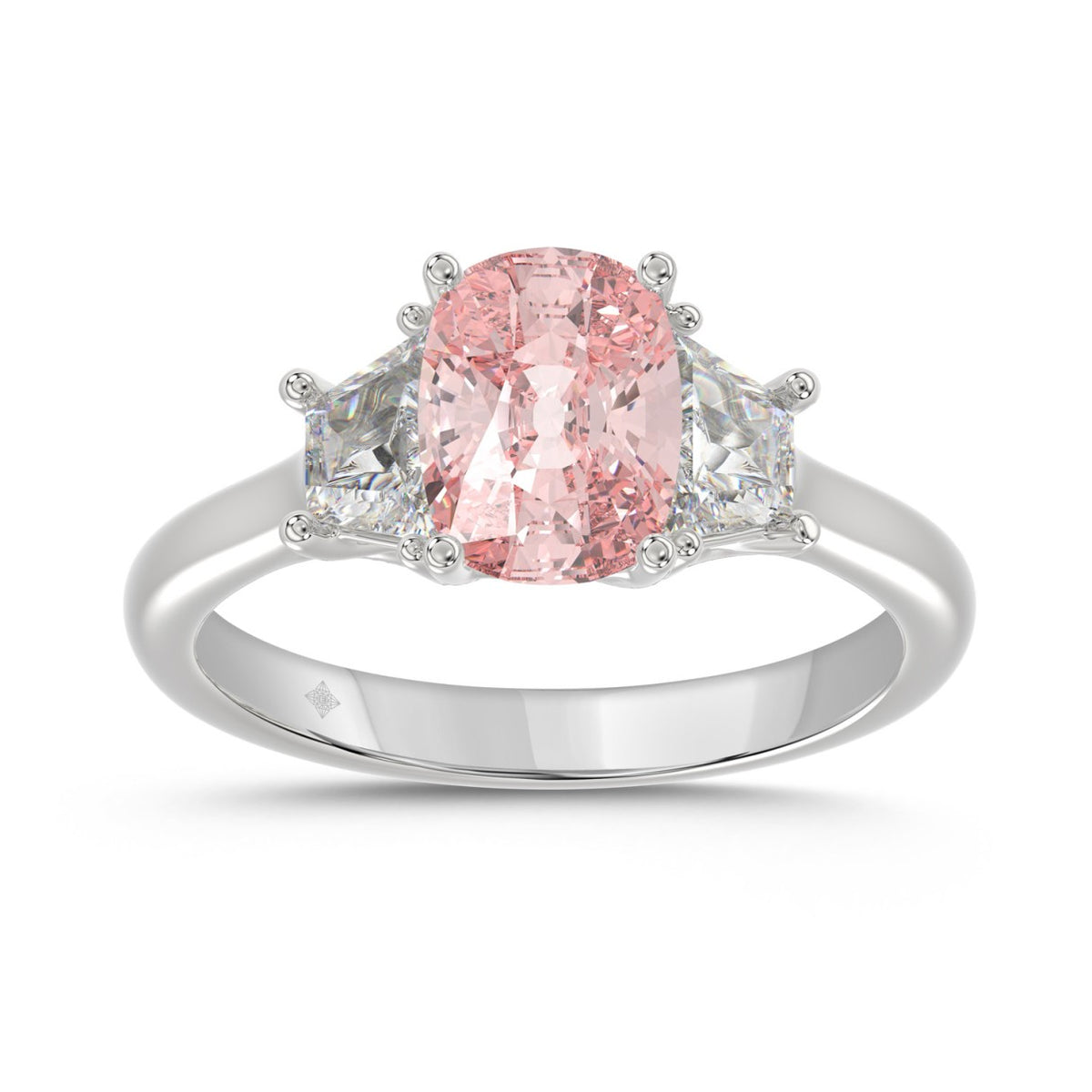 14K WHITE GOLD 2 3/4CT PINK CUSHION/TRAPEZOID DIAMOND LADIES RING (CENTER STONE PINK CUSHION DIAMOND 2CT)