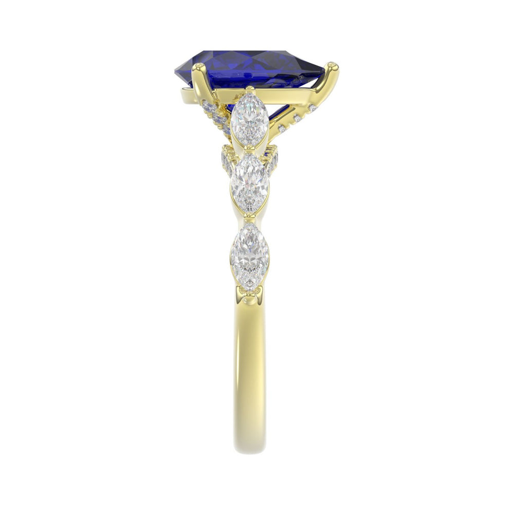 14K YELLOW GOLD 3.00CT ROUND/MARQUISE/BLUE SAPPHIRE PEAR DIAMOND LADIES RING (CENTER STONE BLUE SAPPHIRE PEAR DIAMOND 2 1/4CT)