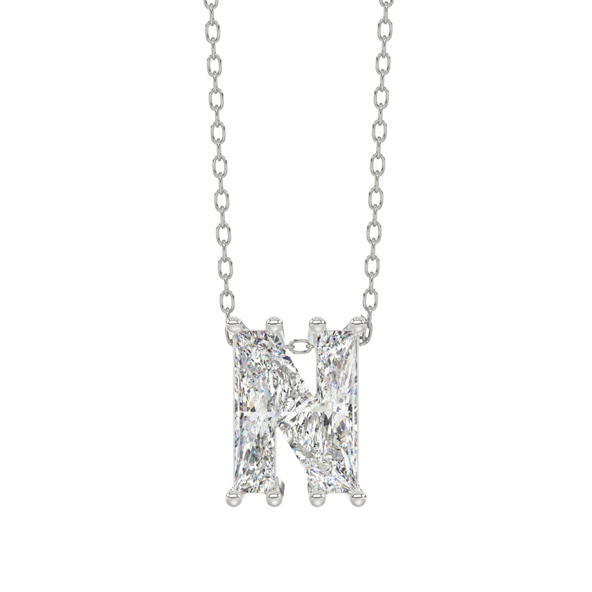 10K White Gold Diamond Initial “N” Pendant 1 1/2CT Fancy Cut Ladies Alphabet Charm with Chain