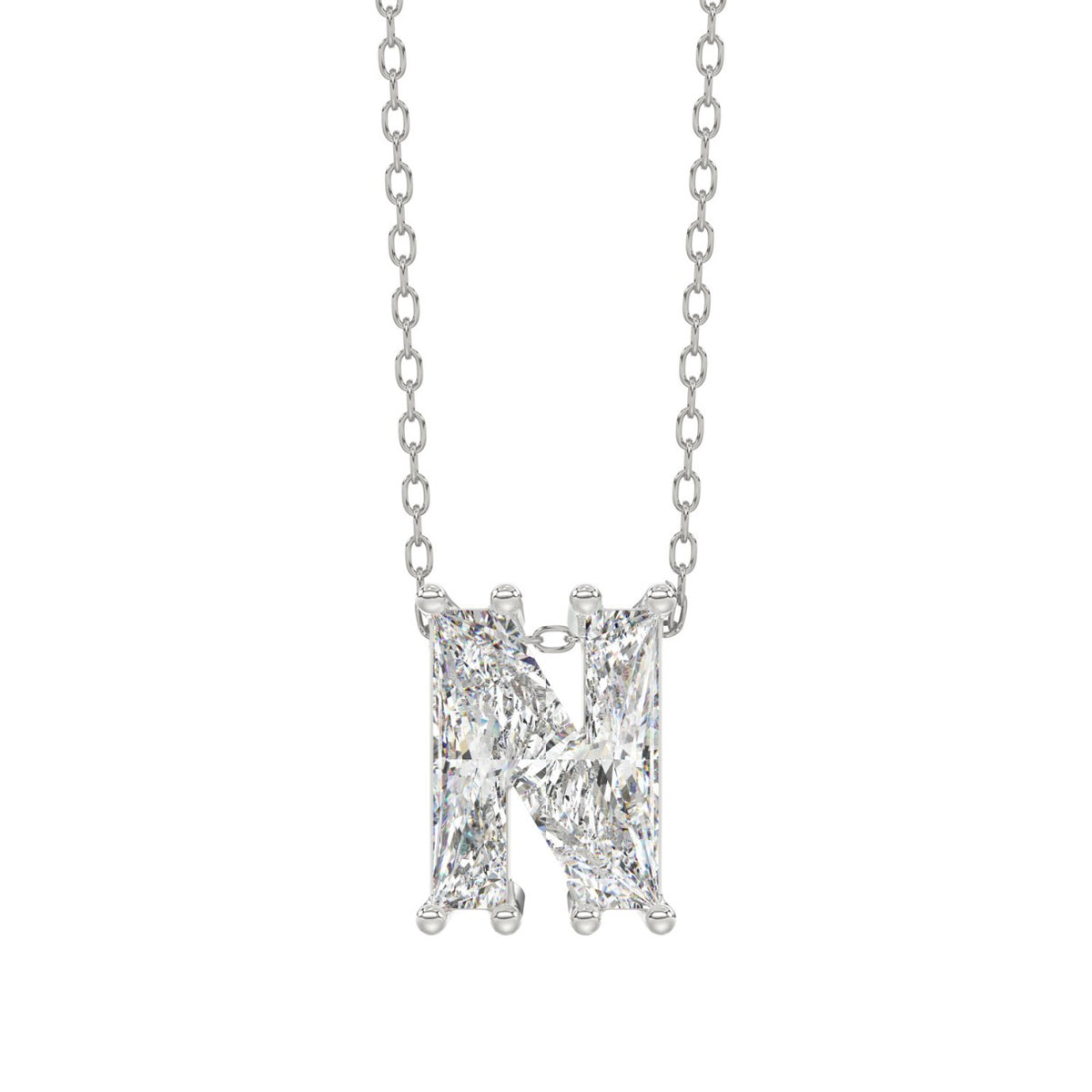  10K White Gold Diamond Initial “N” Pendant 1 1/2CT Fancy Cut Ladies Alphabet Charm with Chain