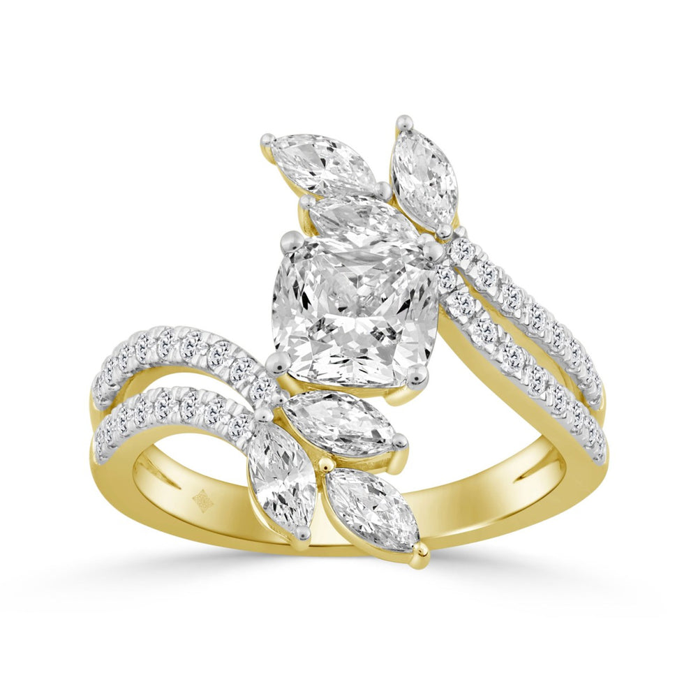 14K YELLOW GOLD 1 1/2CT ROUND/MARQUISE/CUSHION DIAMOND LADIES RING (CENTER STONE CUSHION DIAMOND 1/2CT)
