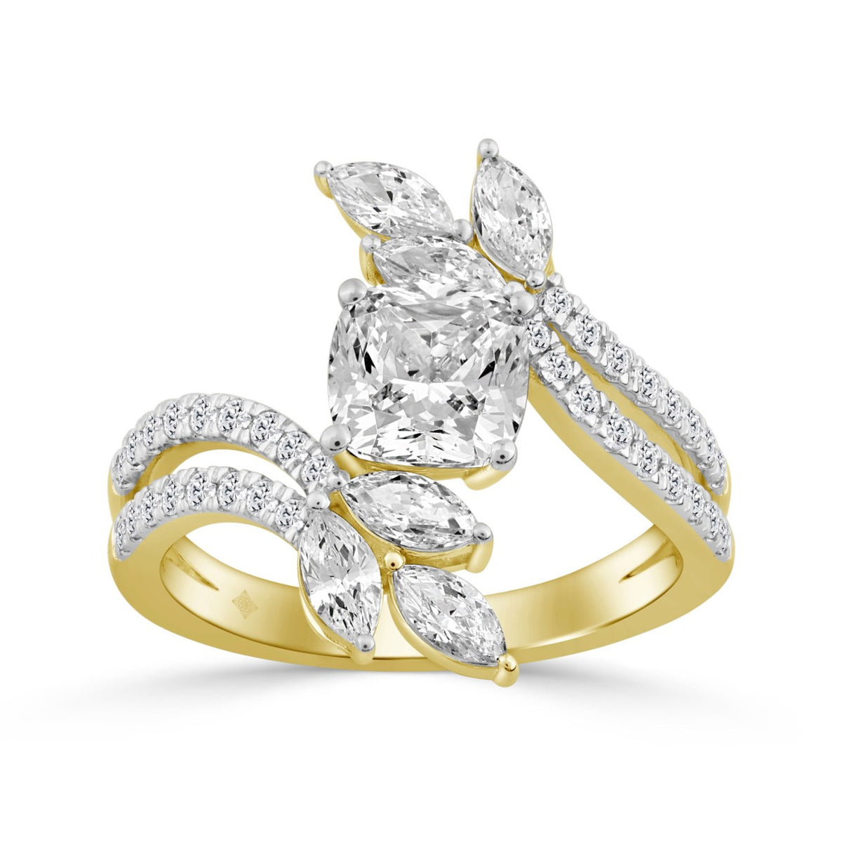 14K YELLOW GOLD 1 1/2CT ROUND/MARQUISE/CUSHION DIAMOND LADIES RING (CENTER STONE CUSHION DIAMOND 1/2CT)