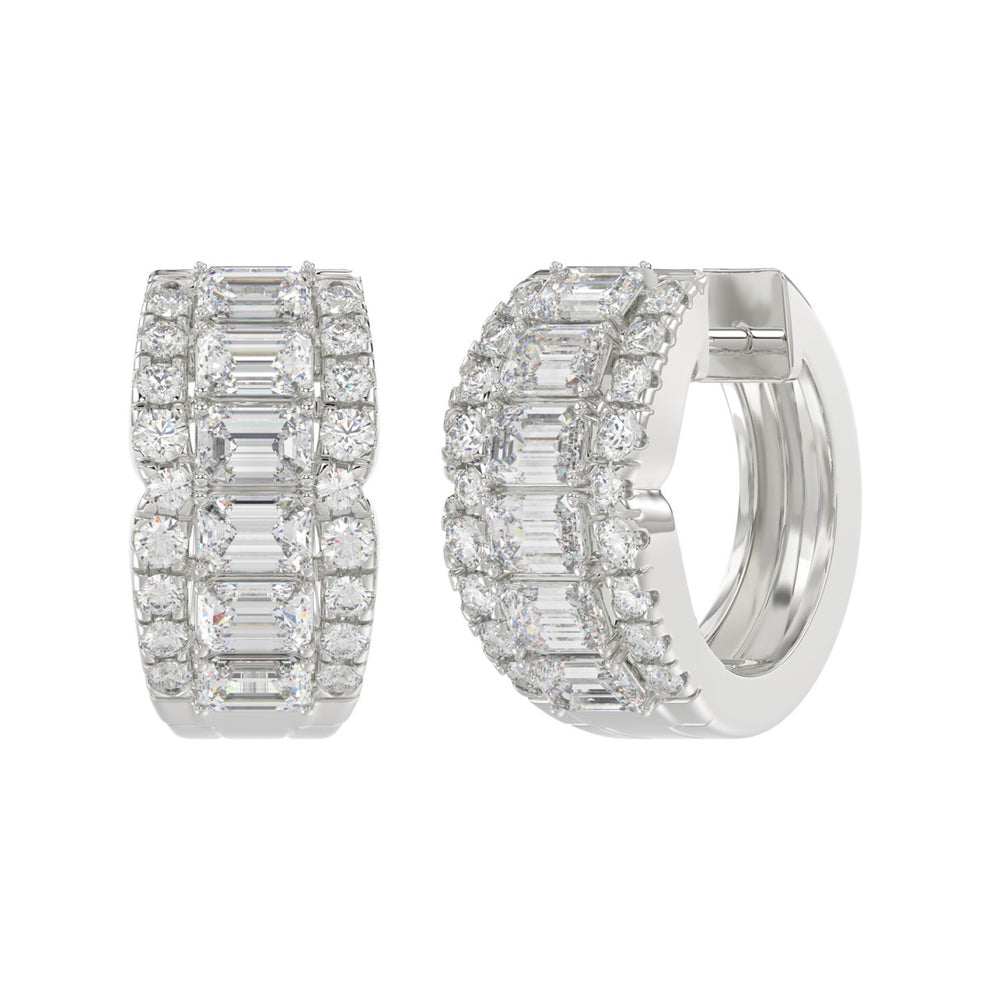 14K WHITE GOLD 1 3/4CT ROUND/EMERALD DIAMOND HOOP EARRINGS