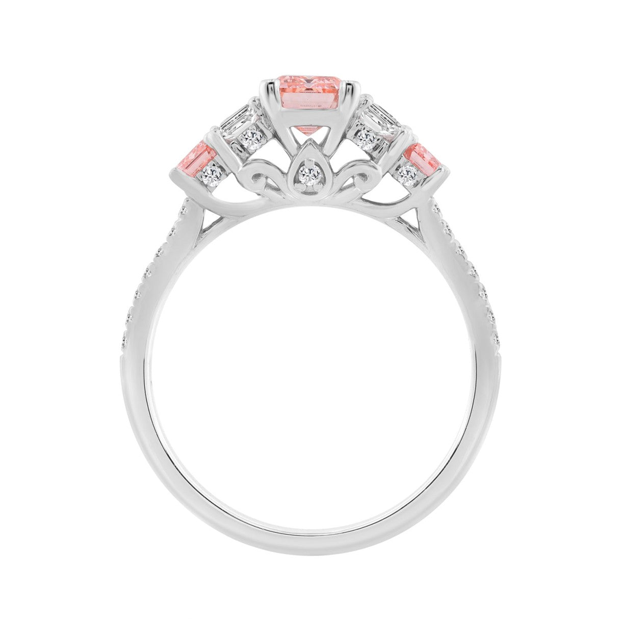 14K WHITE GOLD 2.00CT ROUND/PRINCESS/PINK EMERALD DIAMOND LADIES RING (CENTER STONE EMERALD PINK DIAMOND 1CT)