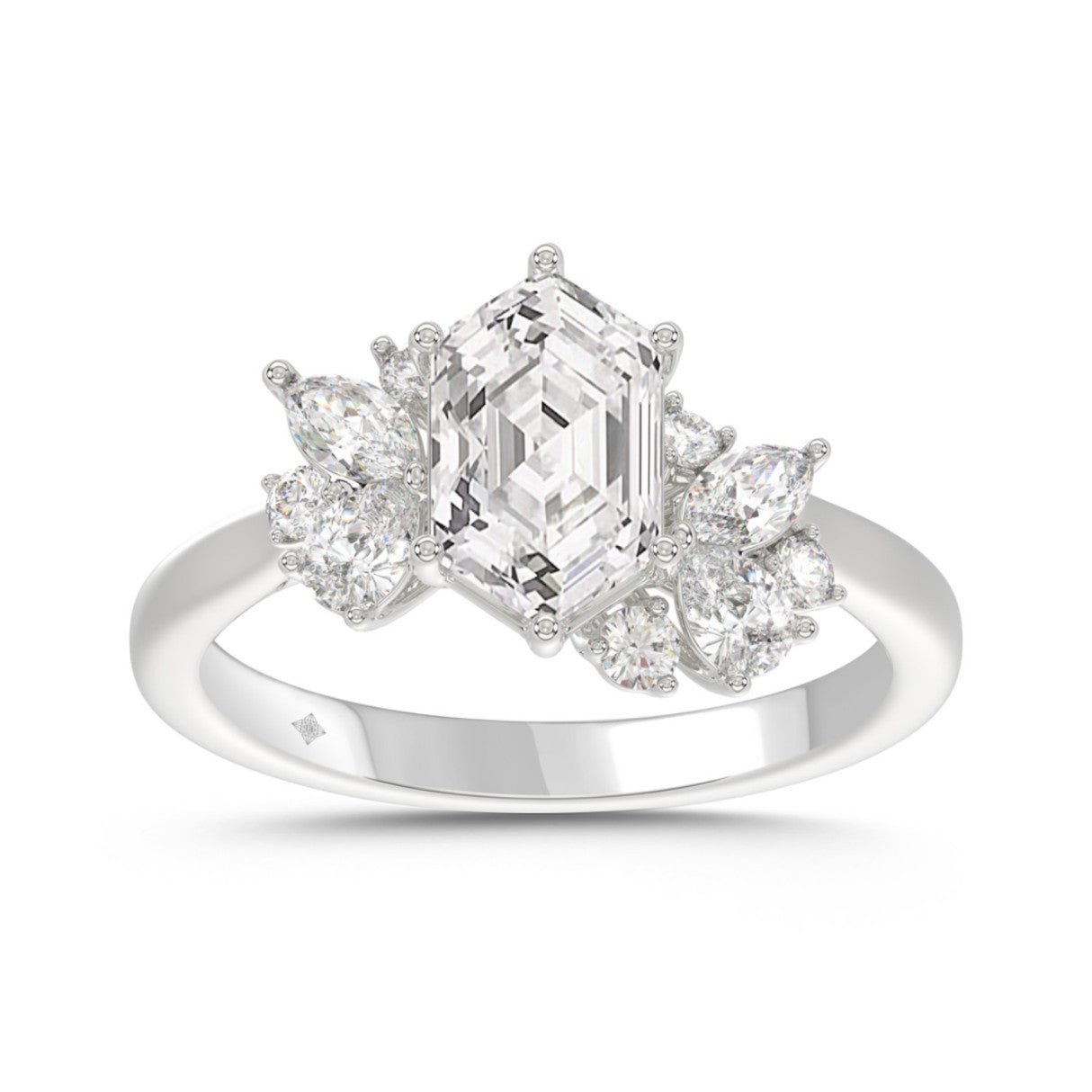 14K WHITE GOLD 2.00CT ROUND/PEAR/MARQUISE/LONG HEXAGON STEP CUT LADIES RING