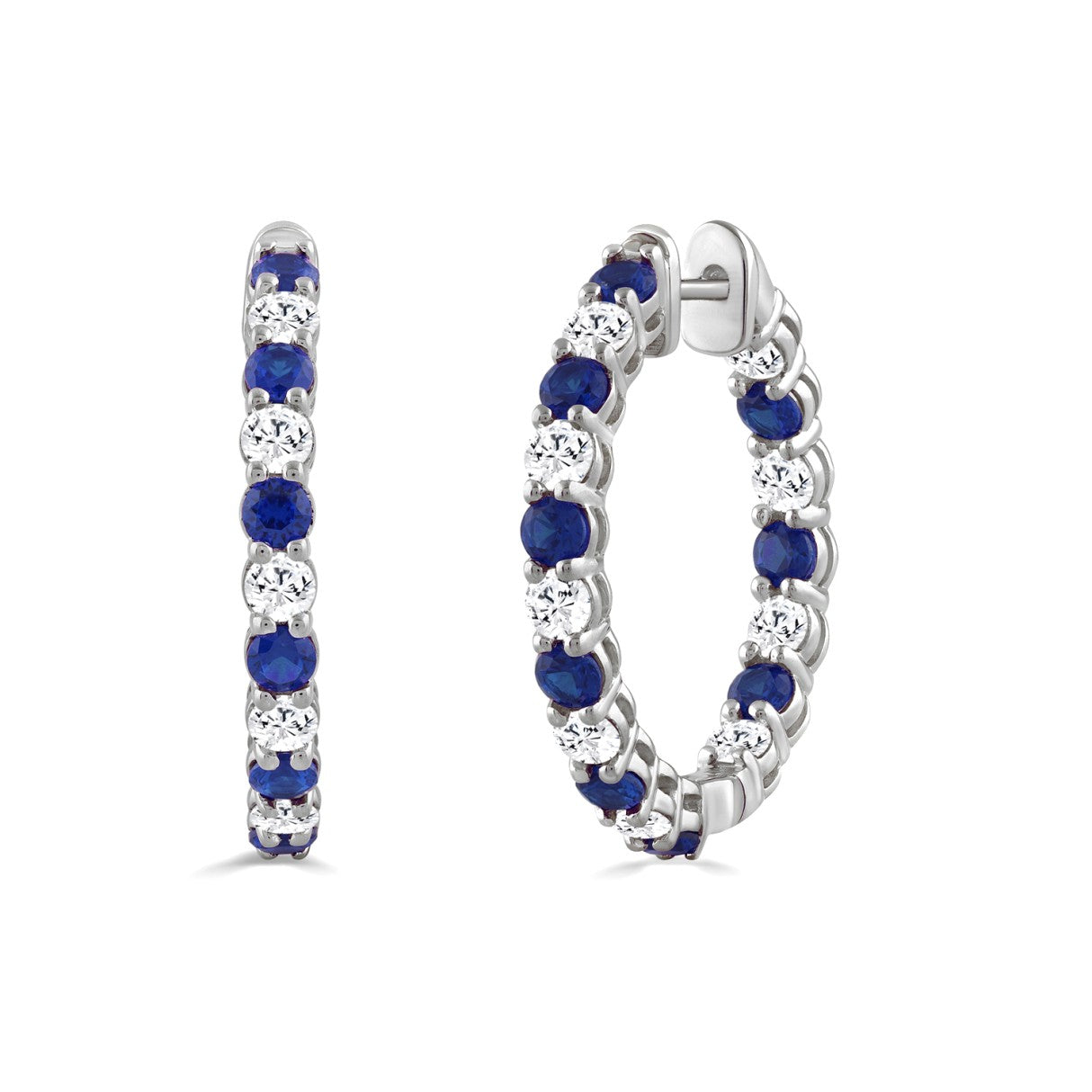 14K WHITE GOLD 3 3/8CT ROUND/ROUND BLUE SAPPHIRE DIAMOND LADIES HOOP EARRINGS 