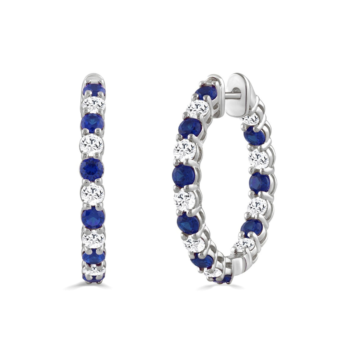 14K WHITE GOLD 3 3/8CT ROUND/ROUND BLUE SAPPHIRE DIAMOND LADIES HOOP EARRINGS 