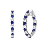 14K WHITE GOLD 3 3/8CT ROUND/ROUND BLUE SAPPHIRE DIAMOND LADIES HOOP EARRINGS 