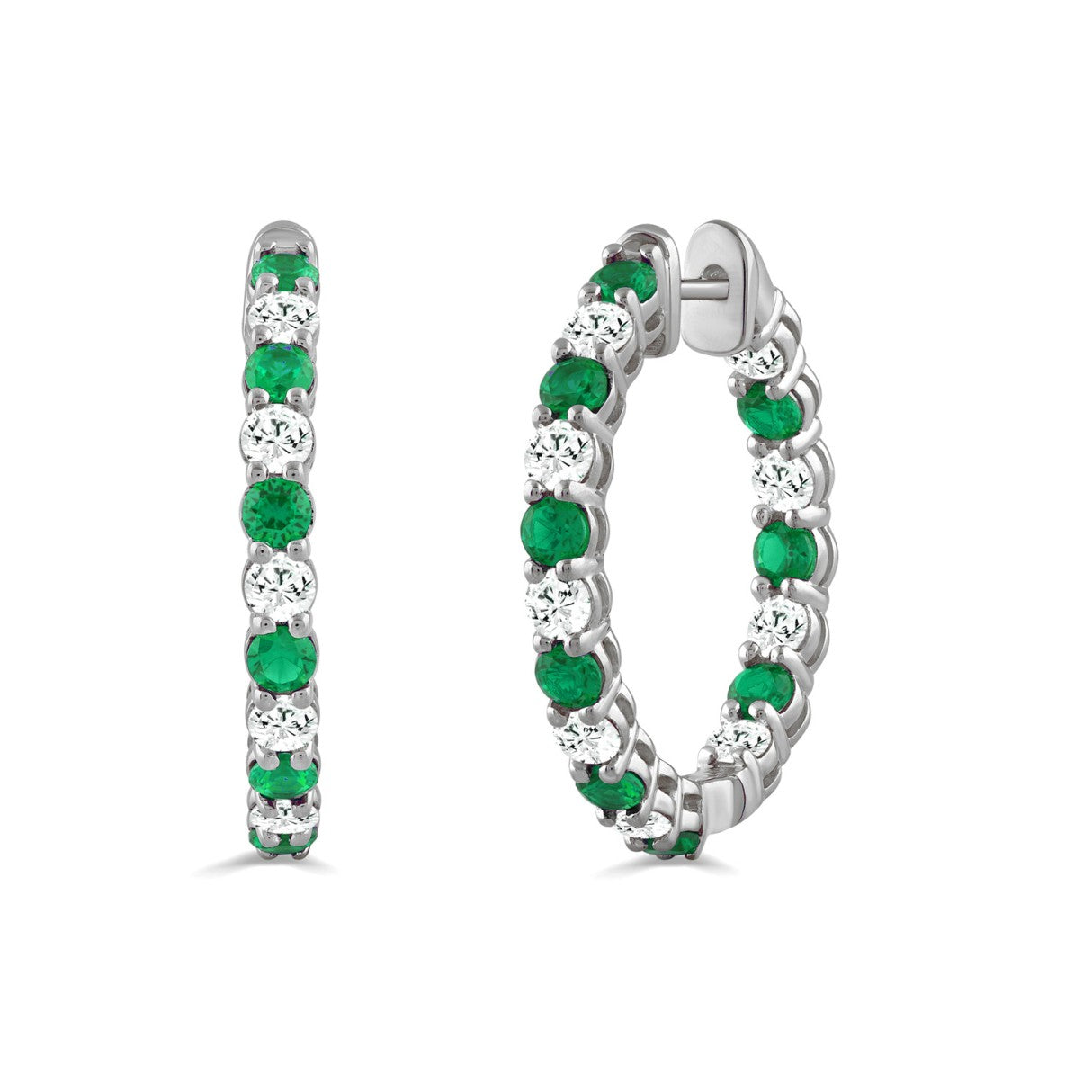 14K WHITE GOLD 3 3/8CT ROUND/ROUND GREEN EMERALD DIAMOND LADIES HOOP EARRINGS 