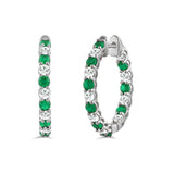 14K WHITE GOLD 3 3/8CT ROUND/ROUND GREEN EMERALD DIAMOND LADIES HOOP EARRINGS 