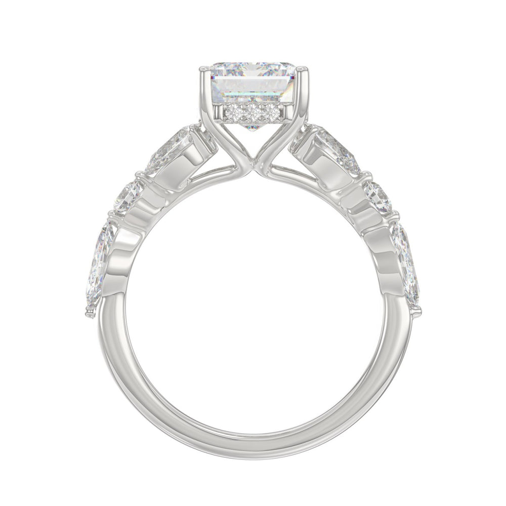 14K White Gold Emerald Cut Diamond Classic Bridal Ring for Ladies 4.00CT with Pear Round &amp; Marquise Diamond 3.00CT Emerald Center stone (Color F-G -Clarity VS1/VS2)