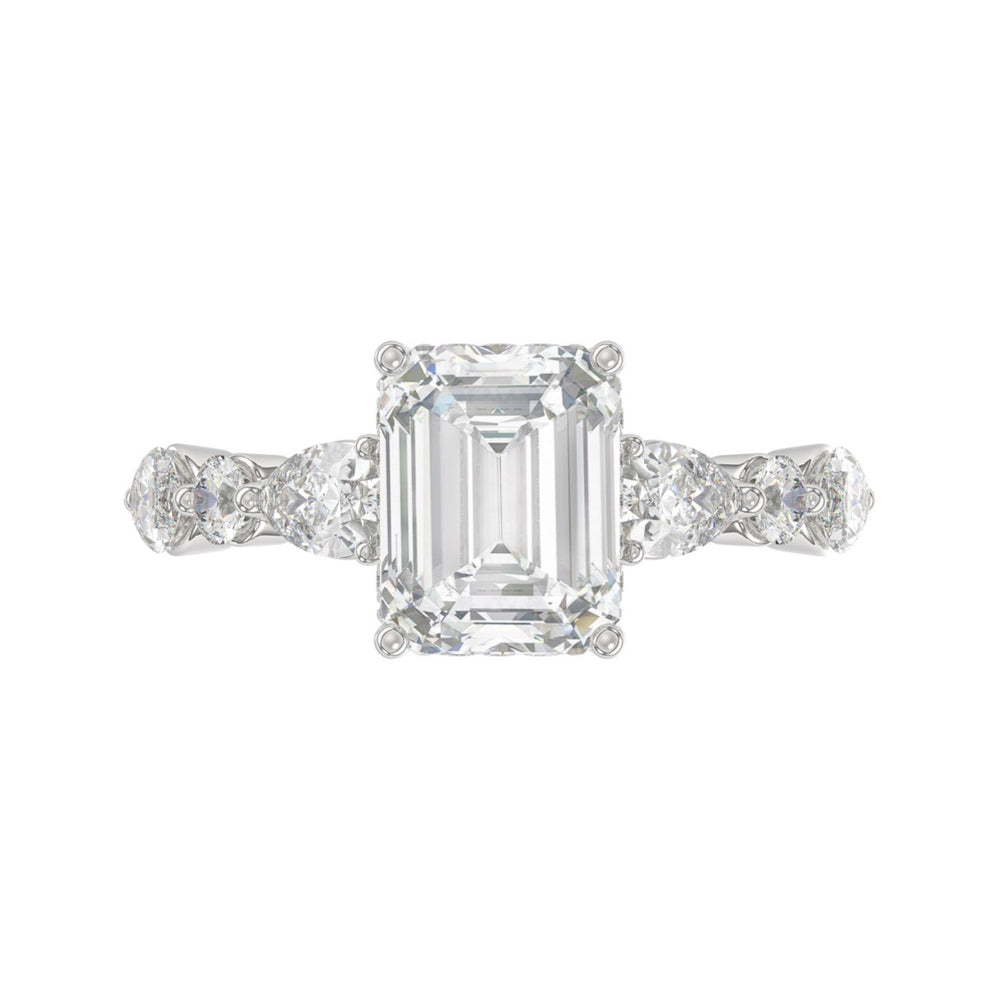 14K White Gold Emerald Cut Diamond Classic Bridal Ring for Ladies 4.00CT with Pear Round &amp; Marquise Diamond 3.00CT Emerald Center stone (Color F-G -Clarity VS1/VS2)