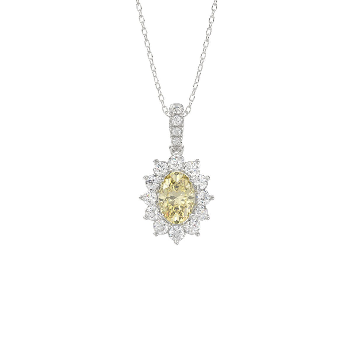 14K WHITE GOLD 1 1/2CT ROUND/YELLOW OVAL DIAMOND LADIES PENDANT WITH CHAIN