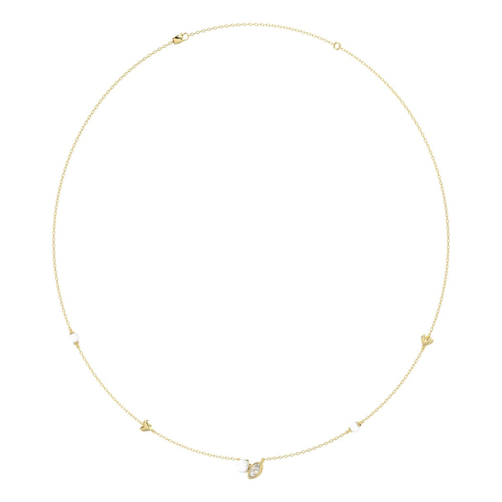 10K Yellow Gold Pearl &amp; Ladies Necklace 1/5CT  Marquise Diamonds (Color F-G -Clarity VS1/VS2)